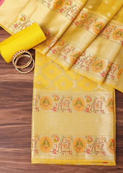 Buy Yellow Woven Silk Paithani Dress Material