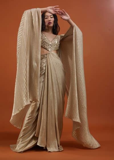 Buy Metallic Mint Green Gown In Shimmer Crush Fabric With A