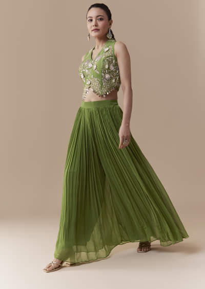 Green Crop Top Silk Palazzo Set with Sequin Work