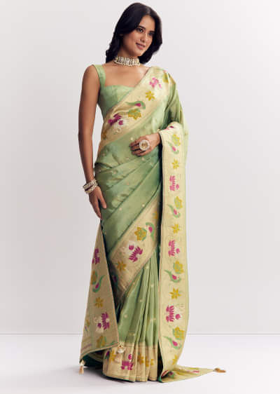 Green Dola Silk Paithani Saree With Dollar Butti And Multicolor Motif