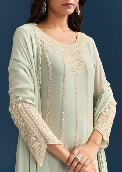 Green Georgette Kurta Set With Beads Detailing