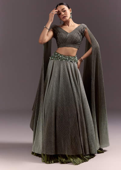 Green Georgette Lehenga Dupatta Set With Self Stone And Bead Work