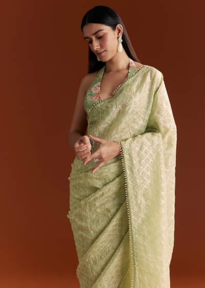 Green Glass Tissue Saree With Sequins And Cutdana Beaded Border