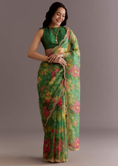 Green Organza Saree With Floral Print And Embellished Border