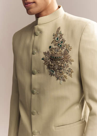 Green Rayon Jodhpuri Suit For Men With Zardosi Embroidery And Brooch
