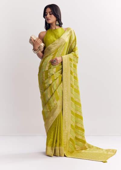 Green Satin Saree With Zari Vine Design