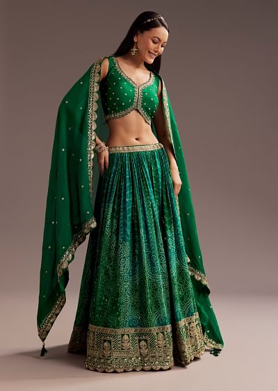 Buy Dark Green Sequin Embellished Lehenga Set | KALKI