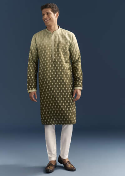Green Silk Foil Kurta Set For Men With Sequins Embroidery