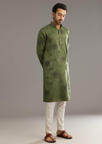 Green Silk Kurta Set With Printed Artwork