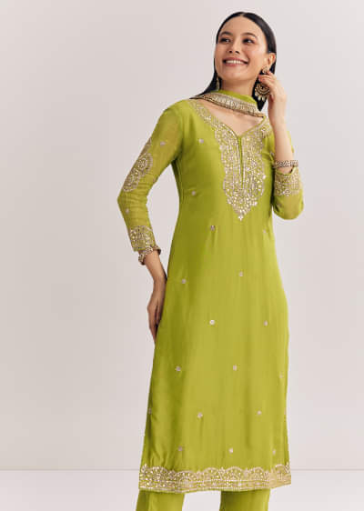 Green Zari Work Kurta Set With Chiffon Dupatta
