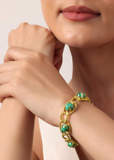 Green And Gold Kada Style Bracelet With Beads