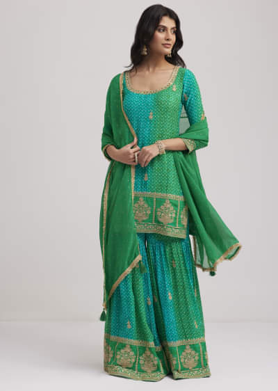 Green Chinon Bandhani Sharara Set