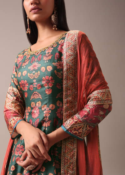 Green Printed Anarkali Suit Set In Tussar Silk