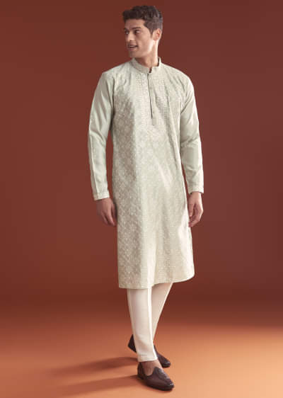 Grey Silk Kurta Set For Men With Resham Embroidery