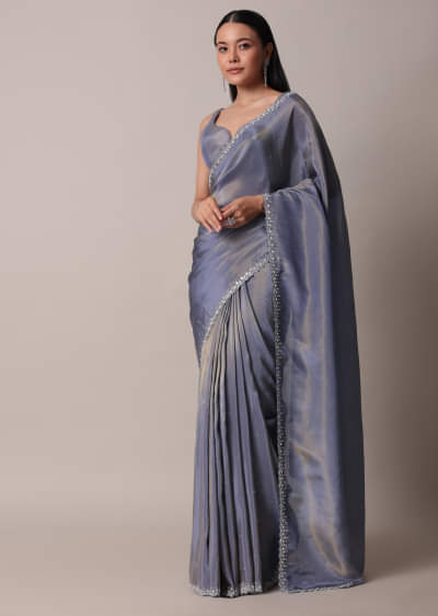 Grey Glass Tissue Saree With Mirror Work Border And Unstitched Blouse Piece