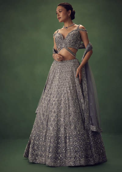 Grey Hand Embroidered Sequin Work Lehenga Set