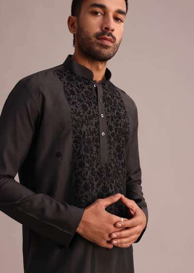 Buy Grey Embroidered Silk Kurta Set