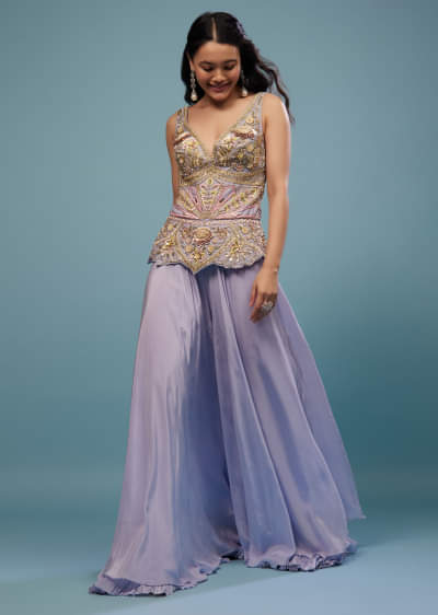 Buy Plum Purple Embroidered Jumpsuit In Satin | KALKI