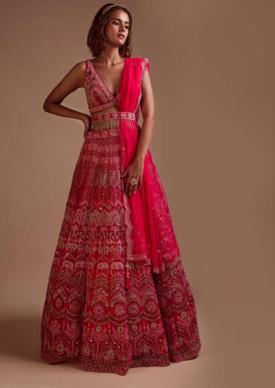 Hot Pink Lehenga Choli In Net With Mirror Work In Floral And Mughal Motifs Along With A Tassel Belt 