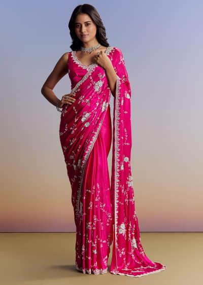 Hot Pink Satin Saree With All Over Jaal Embroidery In Cutdana And Sequins