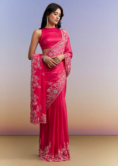 Hot Pink Satin Saree With Heavy Embroidered Details