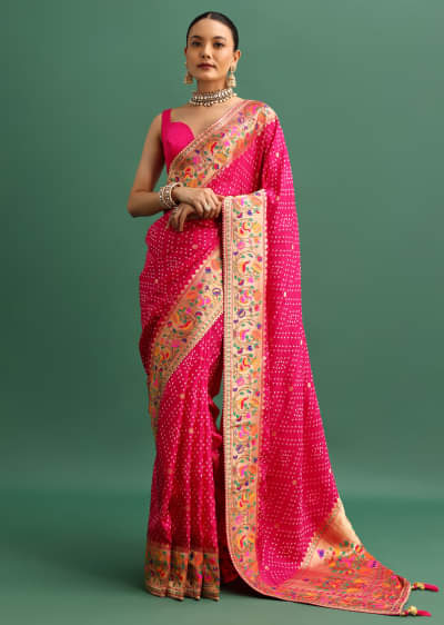 Hot Pink Woven Bandhani Silk Saree With Paithani Border Pallu And Unstitched Blouse