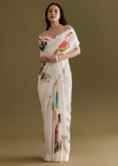 White Cotton Linen Saree With Multicolour Butterfly Prints