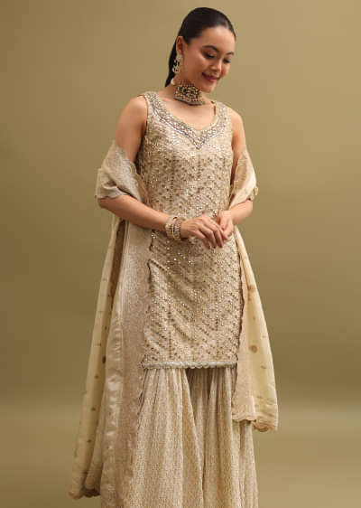 Buy Off White Georgette Peplum Kurti and Sharara set in