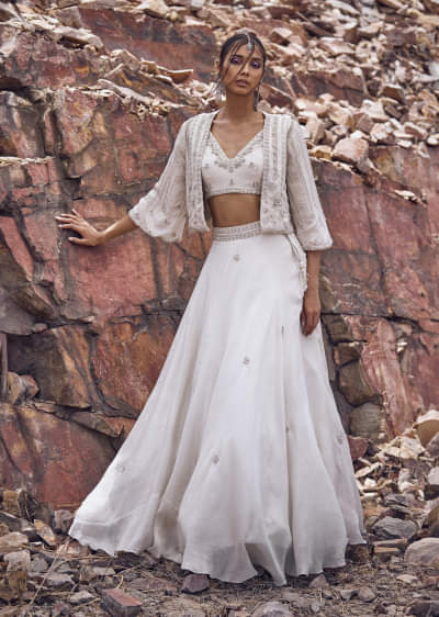 Buy Ivory Embroidered Jacket With Blouse And Lehenga