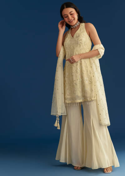Ivory Georgette Kurta Palazzo Set With Dupatta