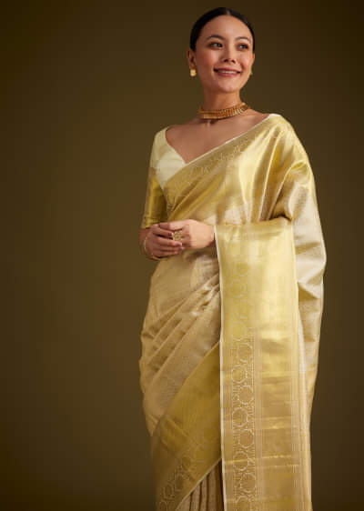 Ivory Kanjivaram Silk Saree With Golden Zari Border