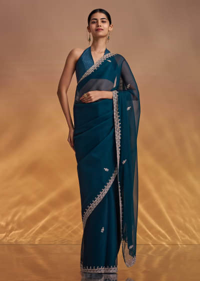 Green Organza Saree With Cutdana And Sequins Border