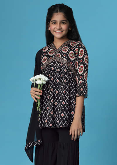 Kalki Black Printed Kurti And Palazzo Set In Georgette For Girls