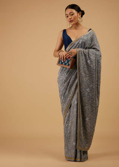 Powder Blue Festive Saree Kashmiri Embroidered In Georgette