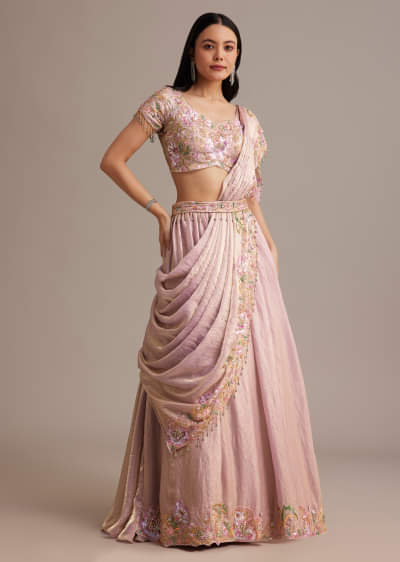 Buy Rust Orange Tissue Lehenga Set With Resham Zari And