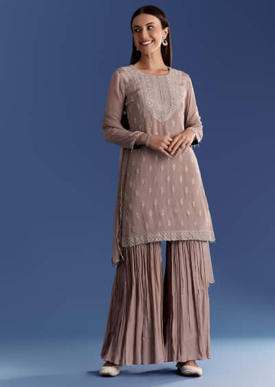 Light Beige Chinon Kurta Set With Cutdana And Sequins Dupatta