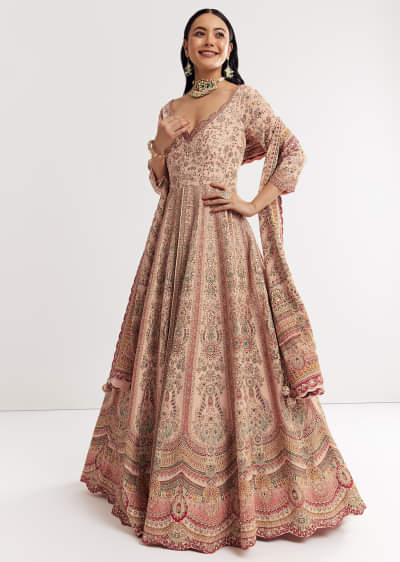 Light Peach Printed Crepe Anarkali Sui With Embroideryt