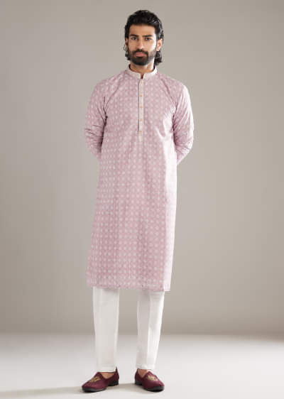 Light Pink Silk Kurta Set For Men With Floral Print