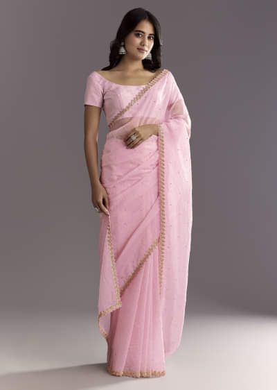 Light Pink Tissue Embroidered Saree With Cutwork Scallop Border