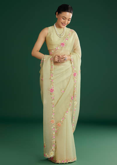 Light Pista Crushed Tissue Saree With Floral Embroidery