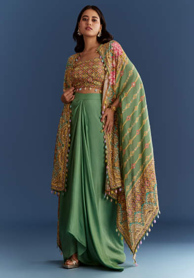 Light Aqua Green Cotton Muslin Printed Croptop Cape Suit