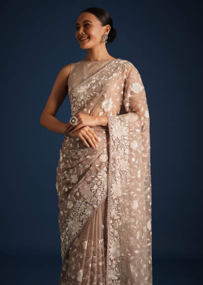 Light Brown Organza Resham Thread Embroidered Saree