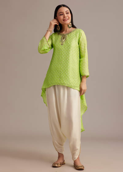 【お取り寄せ】 Green Buy Georgette Set Dhoti Embroidered Leheriya トップス