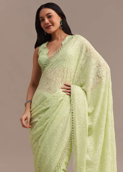 Light Green Chikankari Georgette Saree With Stone Embellishments
