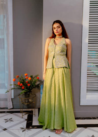 Light Green Embroidered Tissue Kurta Palazzo With Dupatta