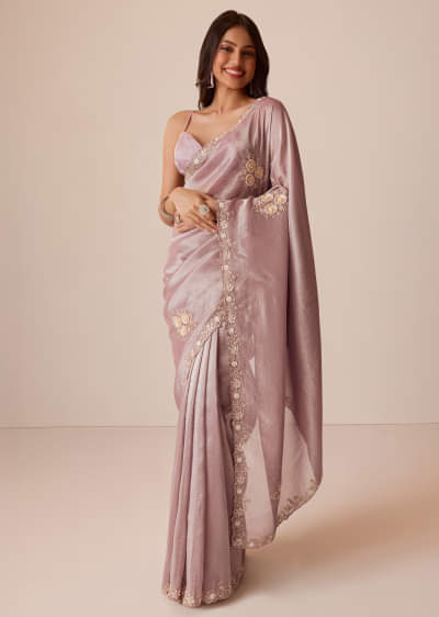 Light Purple Tissue Saree With Floral Embroidery