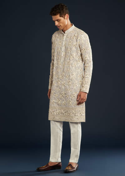 Lilac Silk  Mens Kurta Set with Resham Sequin Work
