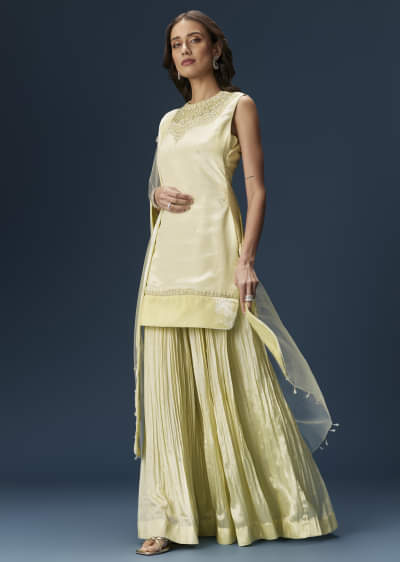 Lime Green Palazzo Suit With Embroidered Necklace