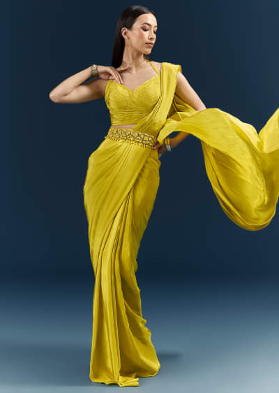 Lime Green Crepe Ready Pleated Saree With Heavy Embroidery