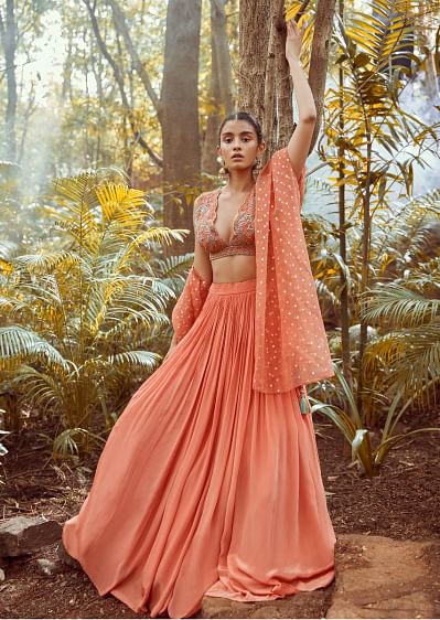 Buy Petal Pink Embroidered Bridesmaid Lehenga Set In Crepe